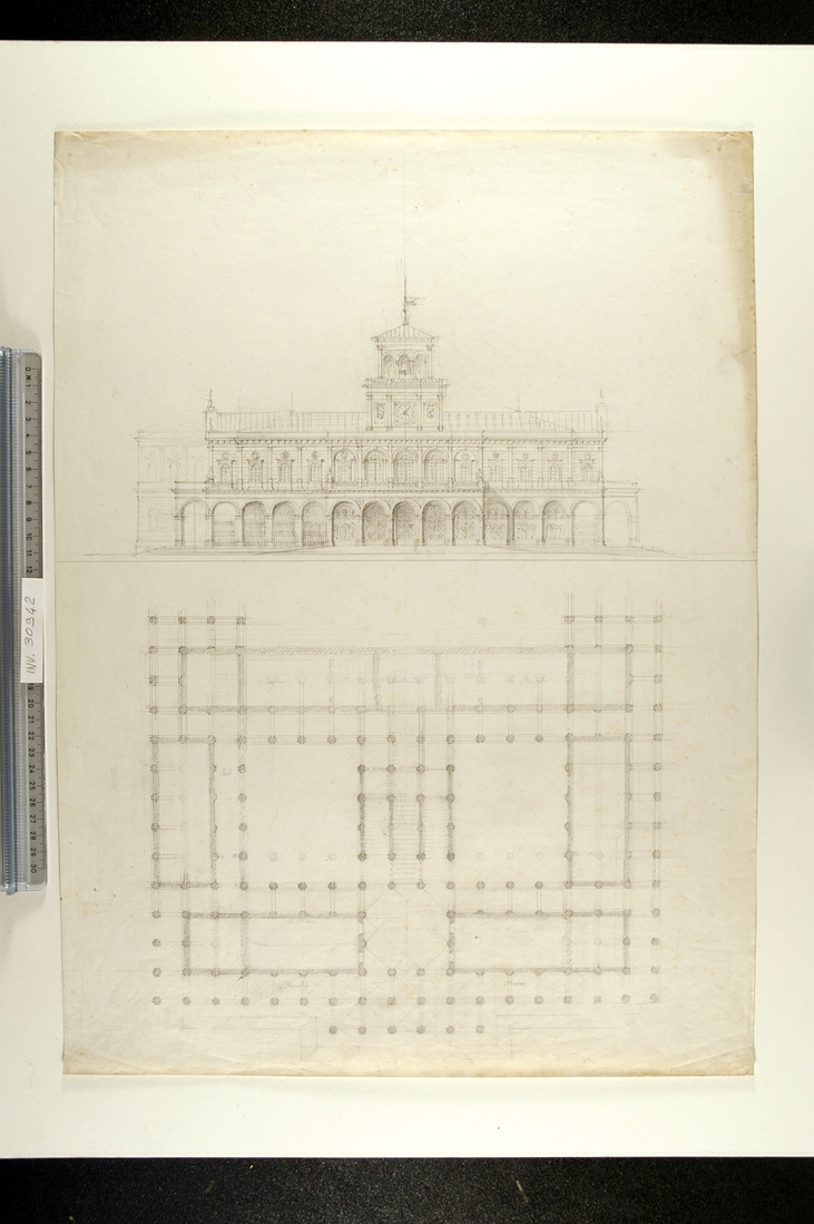 prospetto e pianta di edificio a due piani con torretta (disegno) di Faccioli Raffaele (seconda metà sec. XIX)