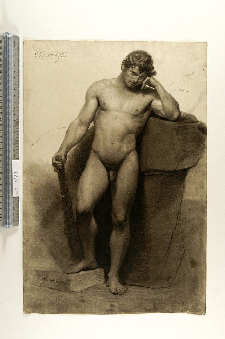 studio accademico di nudo maschile con una clava (disegno) di Muzzi Antonio (sec. XIX)