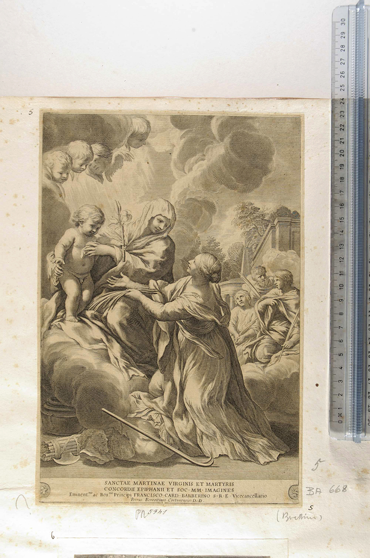 Santa Martina Vergine offre la palma del martirio alla Vergine col Bambino (stampa smarginata) di Pietro da Cortona - ambito Europa occidentale (sec. XVII)
