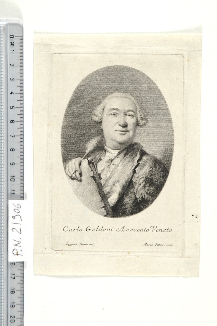 ritratto di Carlo Goldoni (stampa) di Tiepolo Lorenzo Baldissera, Pitteri Marco Alvise (sec. XVIII)