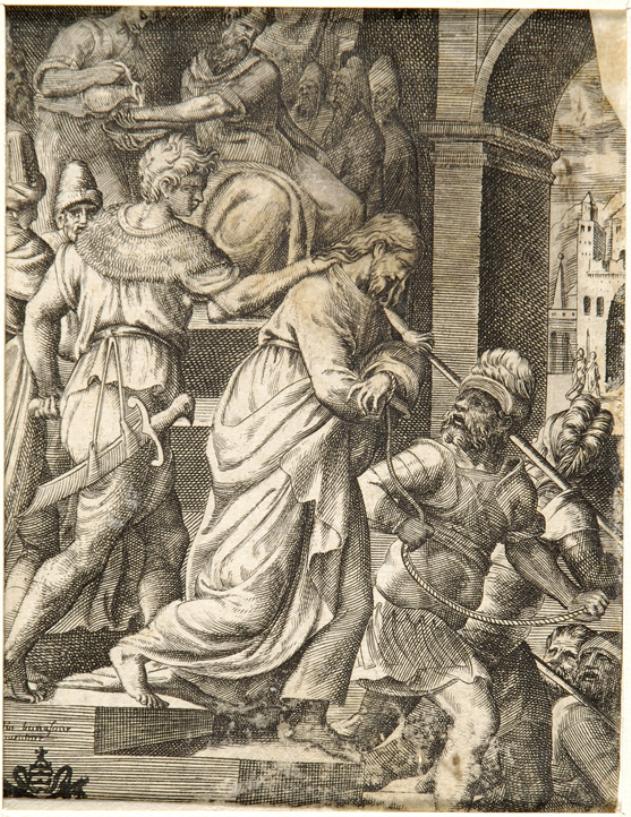 Cristo consegnato agli Ebrei e Pilato che si lava le mani (stampa smarginata) di Bonasone Giulio (sec. XVI)