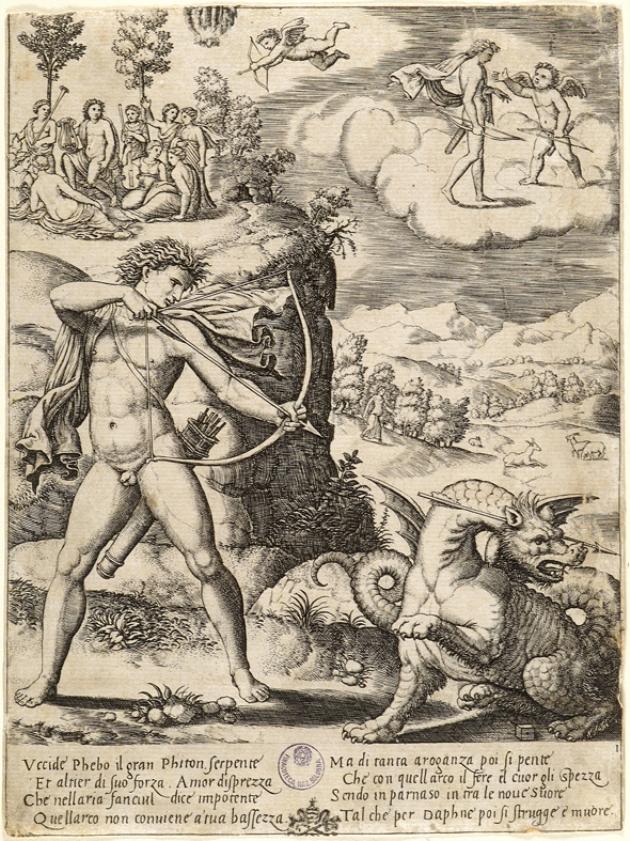 Apollo uccide Pitone (stampa smarginata) di Peruzzi Baldassarre, Maestro del Dado (sec. XVI)