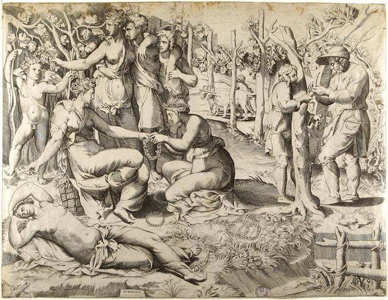 Venere e Amore ricevono ghirlande (stampa smarginata) di Giulio Romano, Bonasone Giulio (sec. XVI)