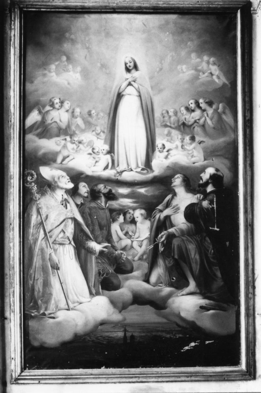 Madonna Immacolata con San Geminiano Vescovo, San Contardo d'Este, Sant'Omobono, San Rocco e San Sebastiano (dipinto) di Mundici Geminiano (fine/inizio secc. XIX/ XX)