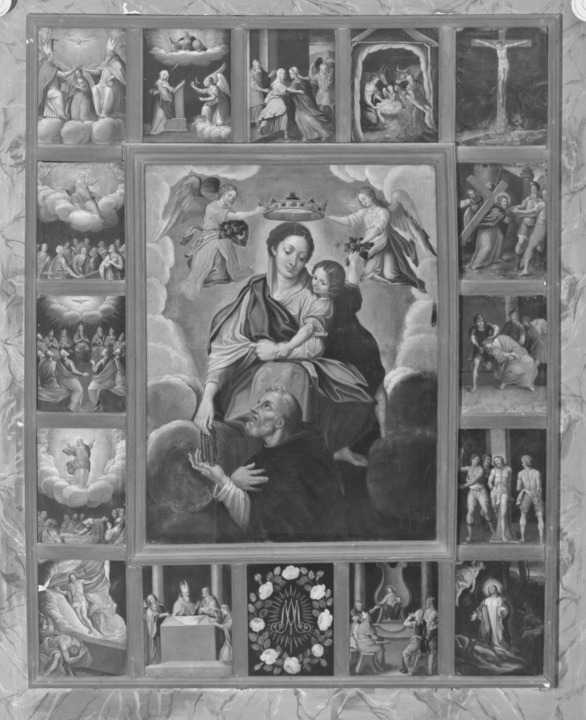 Madonna del Rosario tra angeli, San Domenico e Misteri del Rosario (dipinto) - ambito emiliano (primo quarto sec. XVII)
