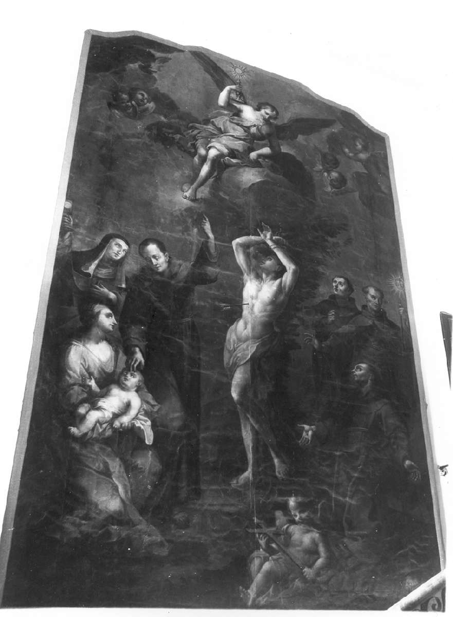 Madonna con Bambino con San Sebastiano, Santa Monica e Santi francescani (dipinto) - ambito emiliano-lombardo (sec. XVIII)