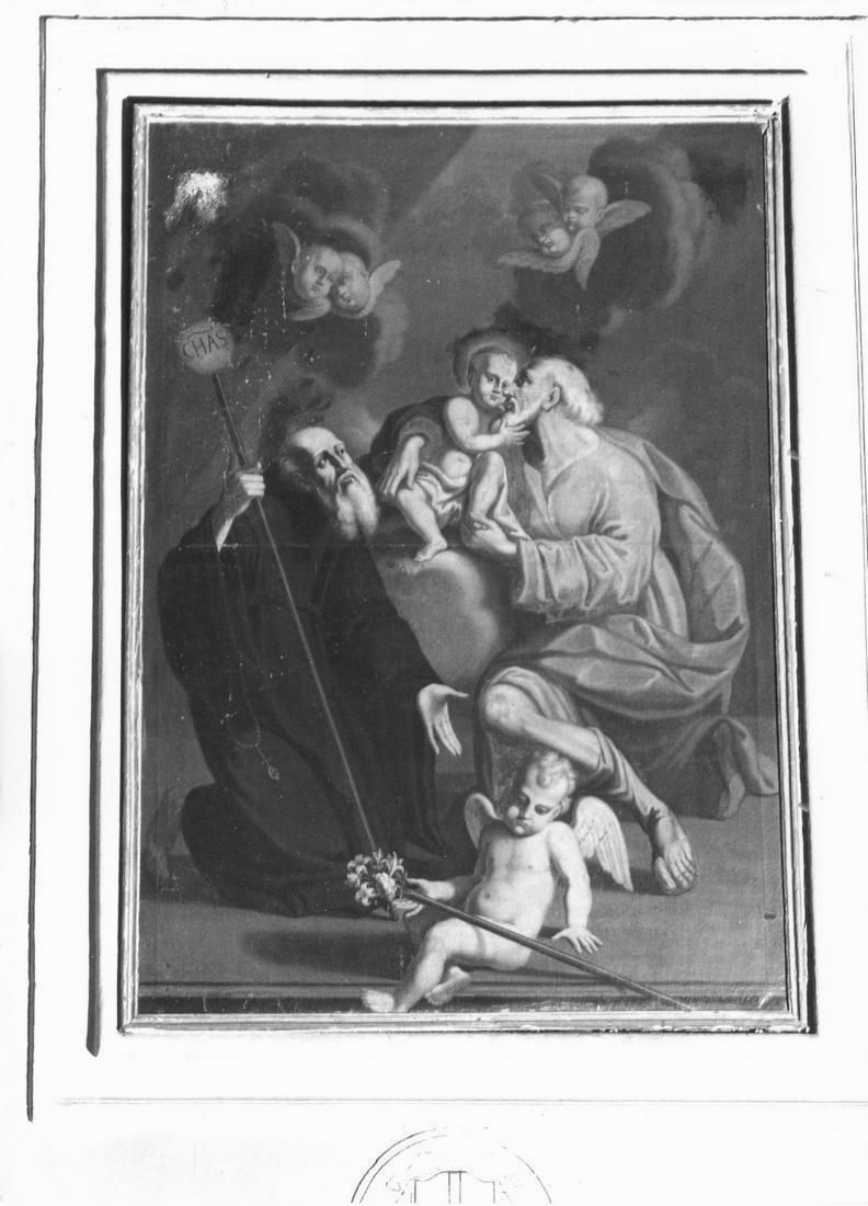 San Giuseppe e San Francesco di Paola in adorazione di Gesù bambino (dipinto) di Quattrini Giuseppe (sec. XVIII)