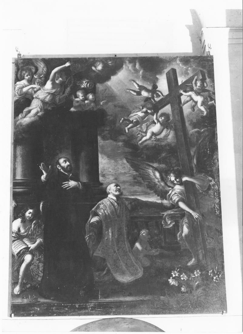 Sant'Ignazio di Loyola e San Filippo Neri in adorazione della Croce (dipinto) - ambito emiliano (metà sec. XVII)
