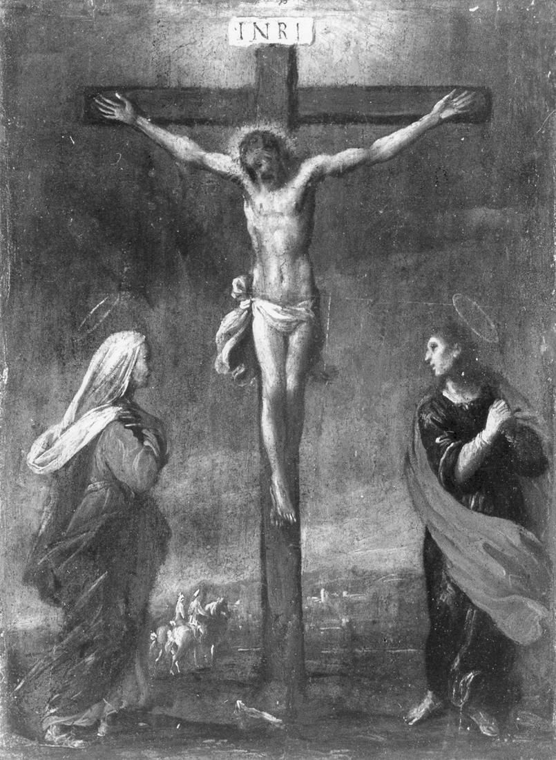 crocifissione di Cristo con la Madonna e San Giovanni Evangelista (dipinto) - ambito emiliano-lombardo (seconda metà sec. XVII)