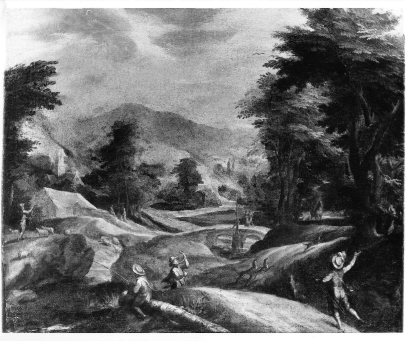 paesaggio con pastore, pescatore e cacciatori (dipinto) di Soens Jan (sec. XVI)