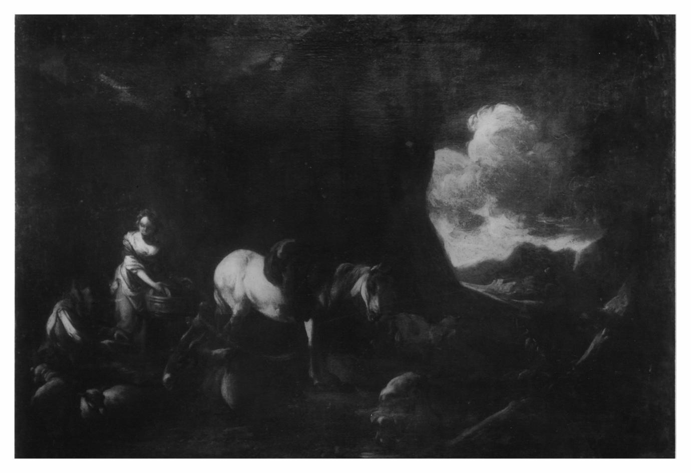 contadino, pastore e diverse figure davanti ad una grotta (dipinto) - ambito olandese (metà sec. XVII)