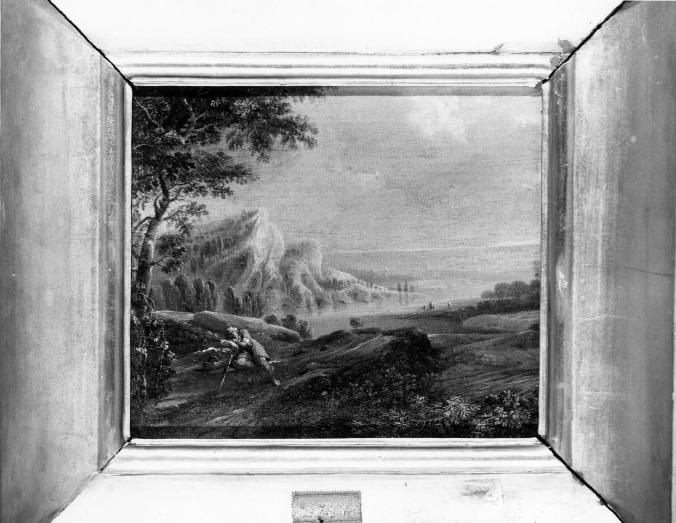 paesaggio con montagna e uomo dormiente (dipinto) - ambito fiammingo (fine/inizio secc. XVI/ XVII)