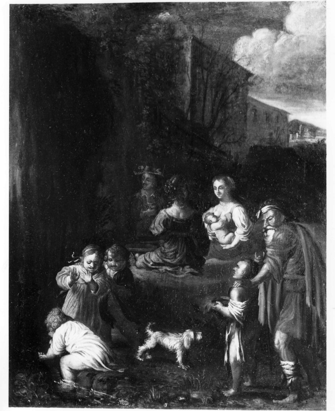 cieco accompagnato da un fanciullo e tre donne (dipinto) - ambito olandese (metà sec. XVII)