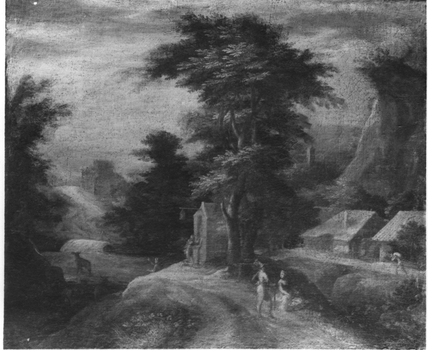 paesaggio con una coppia, contadini e una cappellina (dipinto) di Soens Jan (sec. XVI)
