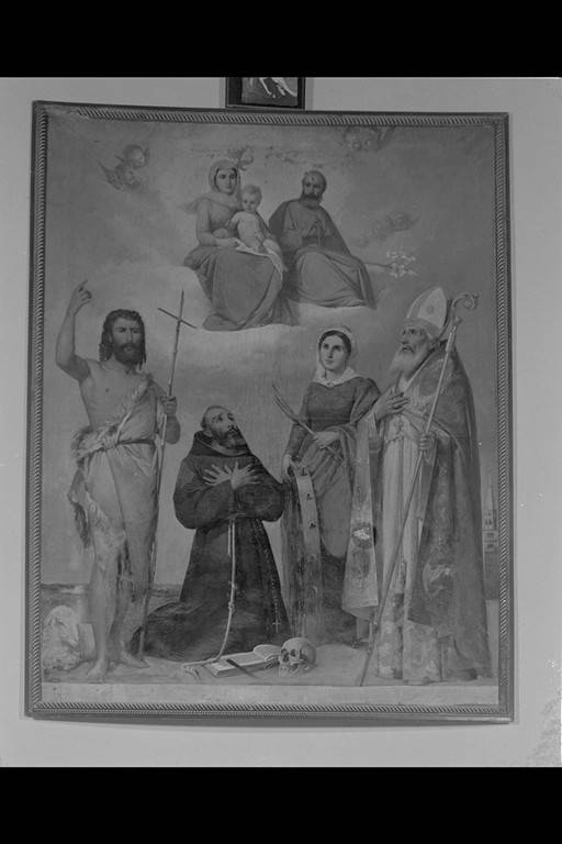 Sacra Famiglia in gloria con San Giovanni Battista, San Francesco, Santa Caterina e San Geminiano (dipinto) - ambito modenese (sec. XIX)