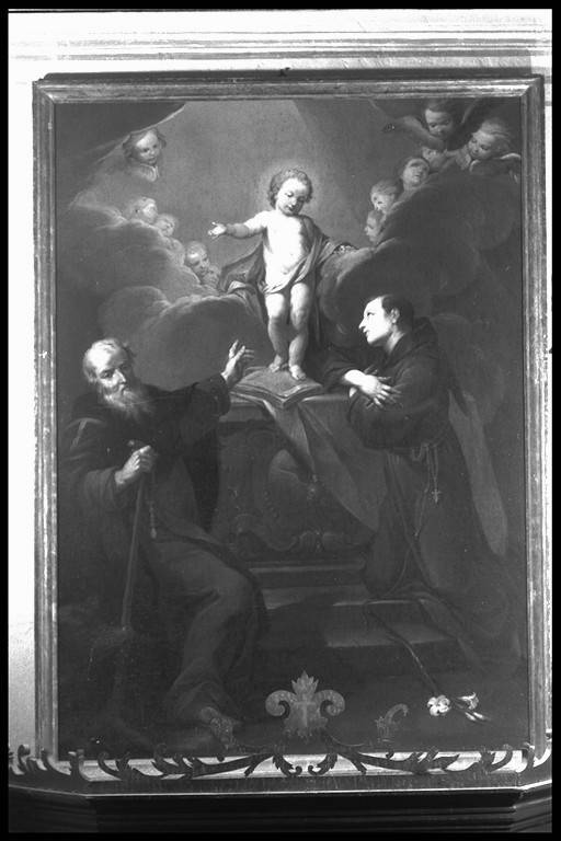 Gesù Bambino adorato da Sant'Antonio Abate e Sant'Antonio da Padova (dipinto) di Vellani Francesco (sec. XVIII)