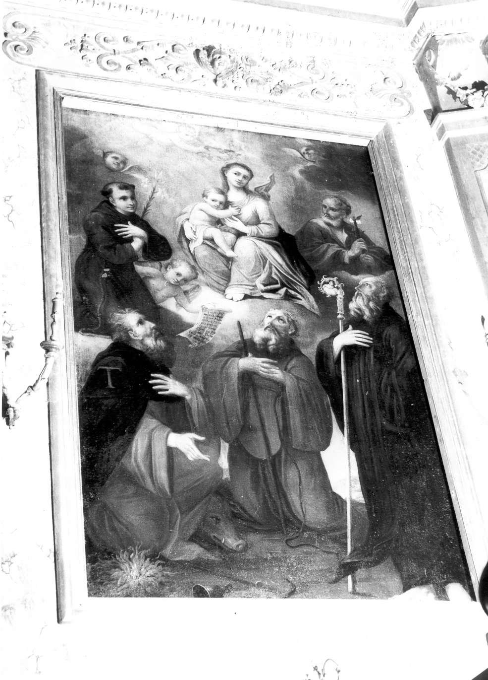 Madonna con Bambino con San Giuseppe, Sant'Antonio da Padova, Sant'Antonio Abate, San Francesco di Paola e San Benedetto (dipinto) - ambito reggiano (inizio sec. XVIII)