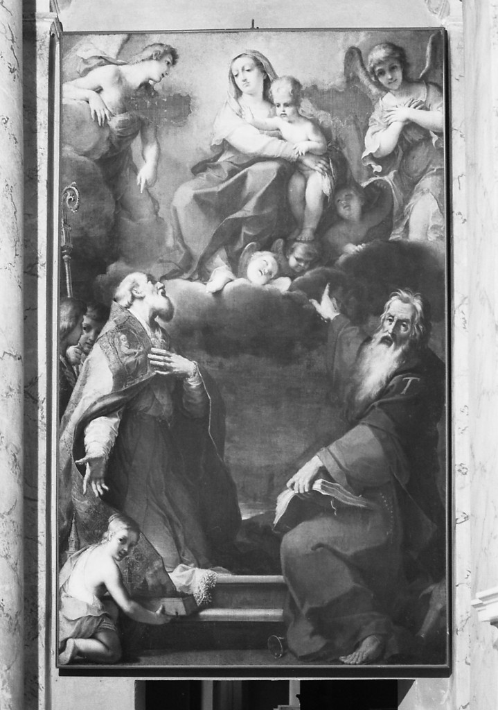 Sant'Antonio Abate indica l'apparizione della Madonna degli Angeli a San Geminiano (dipinto) di Zoboli Giacomo (sec. XVIII)