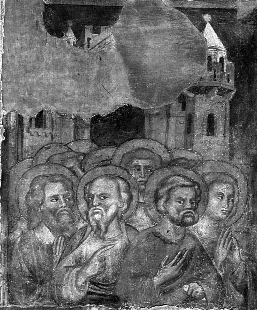 santi con veduta di città (dipinto, frammento) - ambito emiliano (sec. XIV)