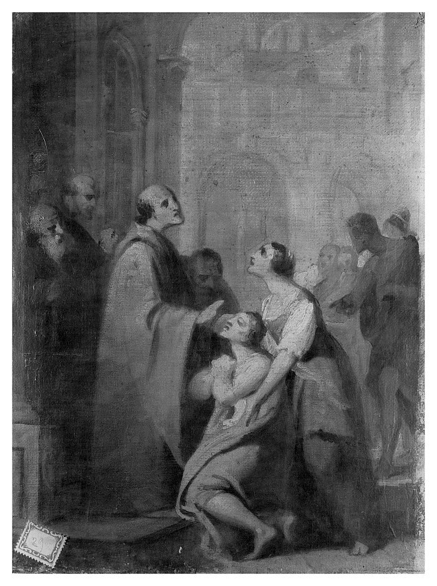 San Mauro Abate ridona la vista ad un cieco, San Mauro guarisce gli storpi (dipinto, opera isolata) di Malatesta Adeodato (sec. XIX)