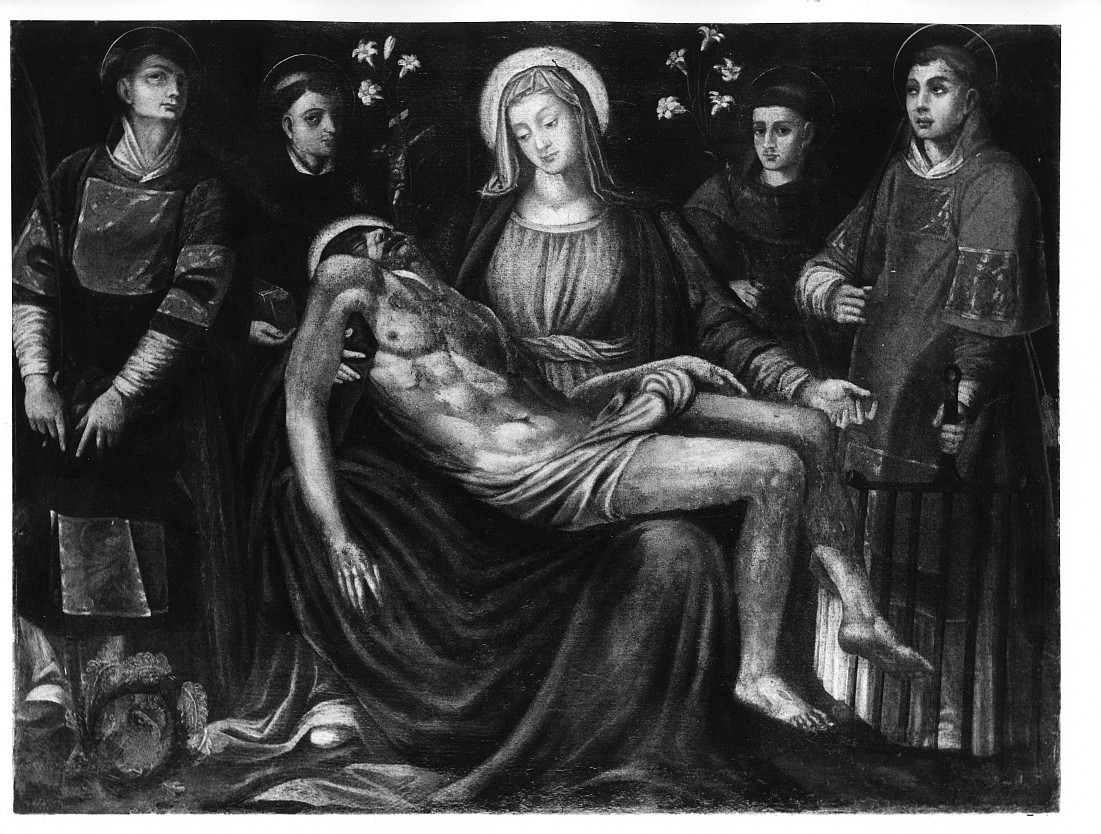 Pietà con i Santi Lorenzo, Domenico, Giacinto e un santo Martire, Pietà (dipinto, opera isolata) - ambito emiliano (sec. XVII)