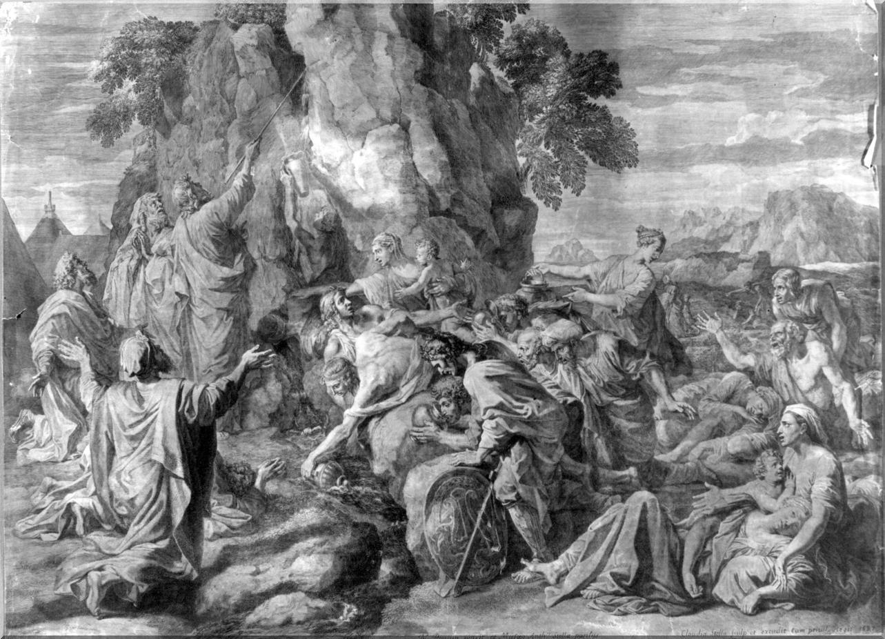 Mosé fa scaturire l'acqua dalla roccia (stampa tagliata) di Poussin Nicolas, Bouzonnet Stella Claudine (sec. XVII)