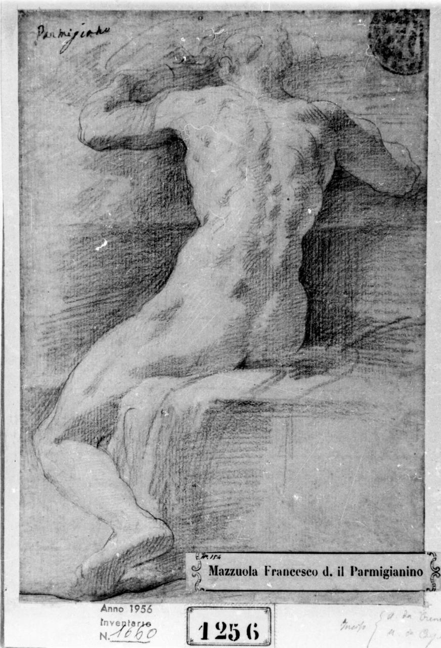 Figura virile seduta di spalle (disegno) di Parmigianino (attribuito) (sec. XVI)