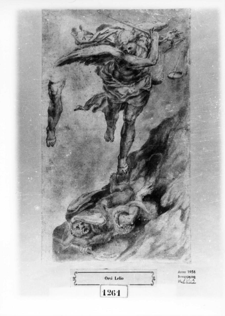 San Michele Arcangelo combatte Satana (disegno) di Orsi Lelio (cerchia) (seconda metà sec. XVI)