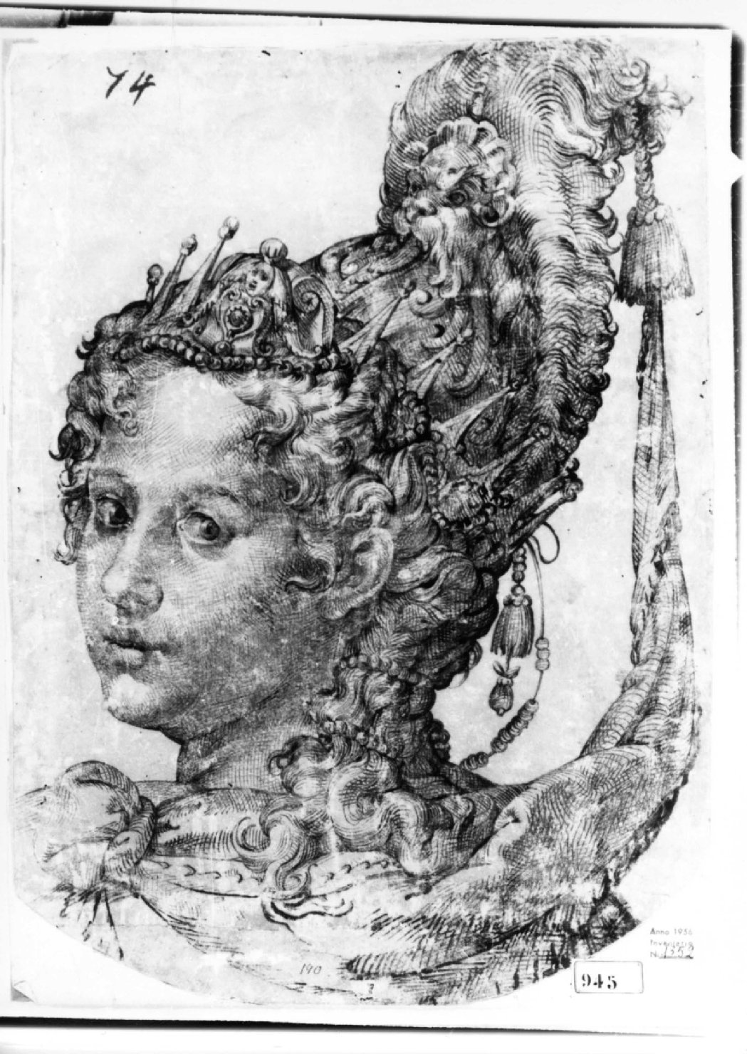 Tseta di donna con acconciatura e corona, testa di donna (disegno, opera isolata) di Passerotti Bartolomeo (ultimo quarto sec. XVI)
