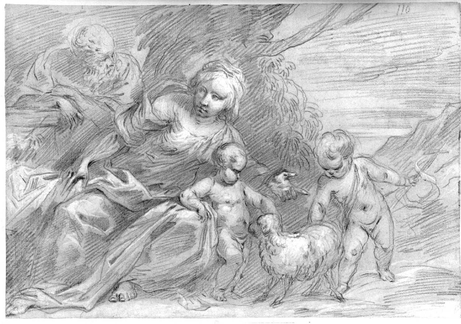 Sacra Famiglia con San Giovanni Battista bambino, Sacra Famiglia con San Giovanni Battista bambino (disegno, opera isolata) di Biscaino Giovanni Andrea (prima metà sec. XVII)