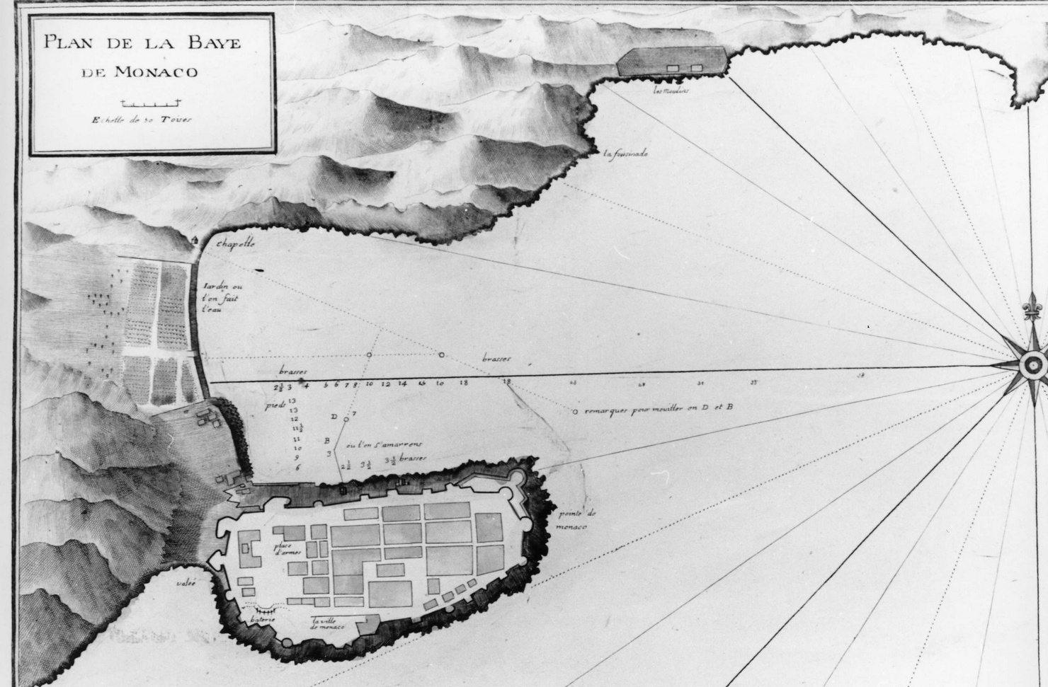 PLAN DE LA BAYE DE MONACO, carta geografica (stampa colorata a mano) di Ayrduard Jacques, Corne Louis (seconda metà sec. XVII)
