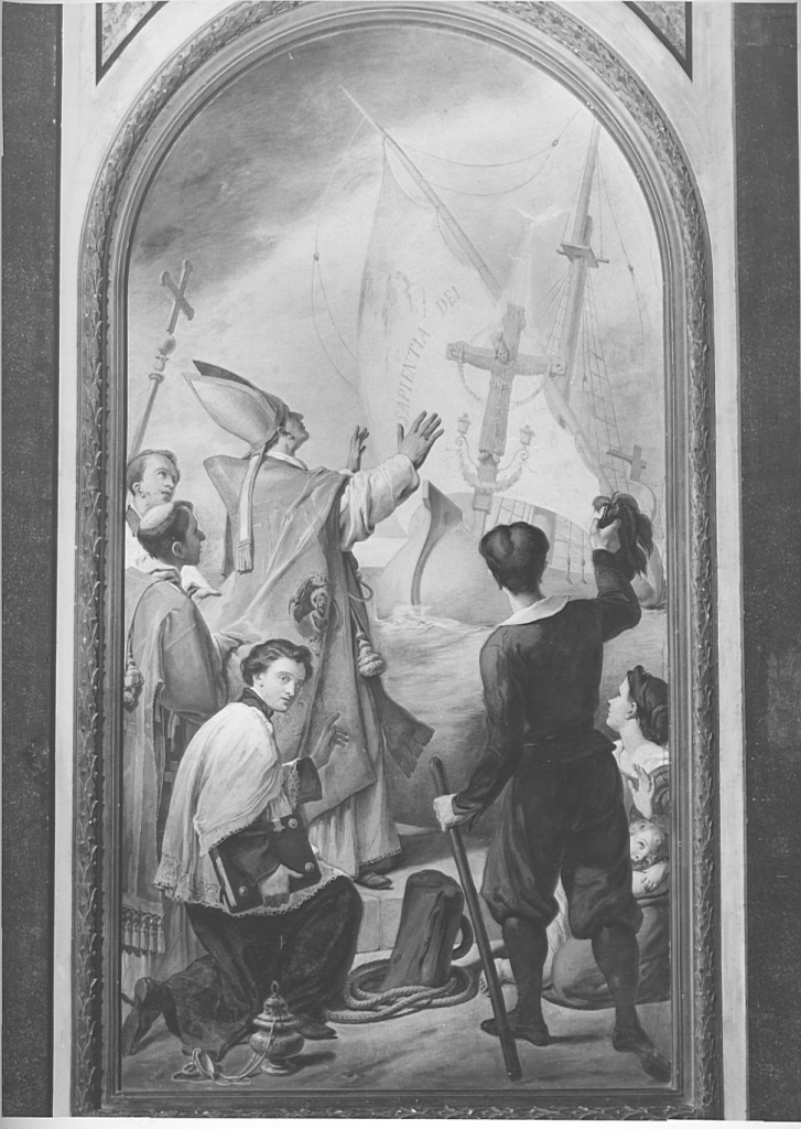arrivo a Luni del Volto Santo (dipinto, complesso decorativo) di Grandi Francesco (sec. XIX)