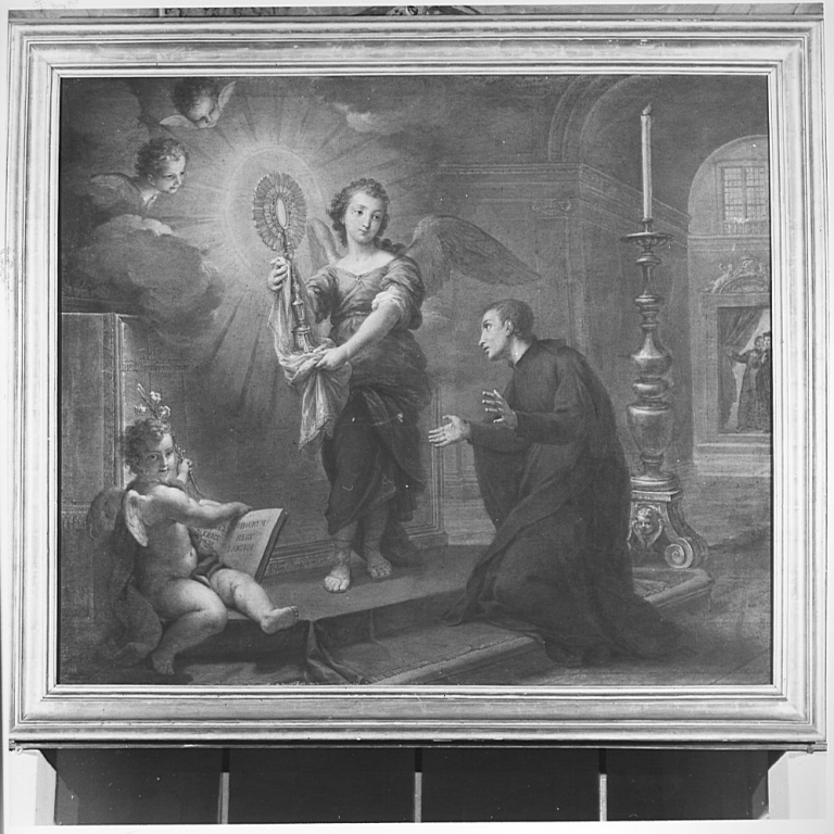 santo agostiniano in adorazione del SS. Sacramento sorretto da un angelo (dipinto) - ambito romano (metà sec. XVIII)