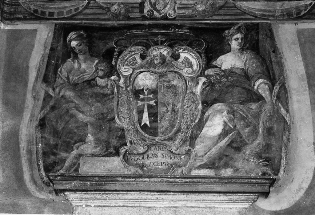 stemma del Commendatore di S. Spirito Ludovico Simonetta tra la Carità e l'Abbondanza (dipinto, insieme) - ambito romano (seconda metà sec. XVI)