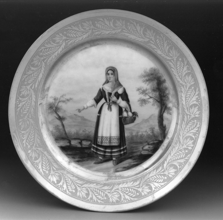 donna col costume di Monteodrerisio (piatto) - manifattura napoletana (secondo quarto sec. XIX)