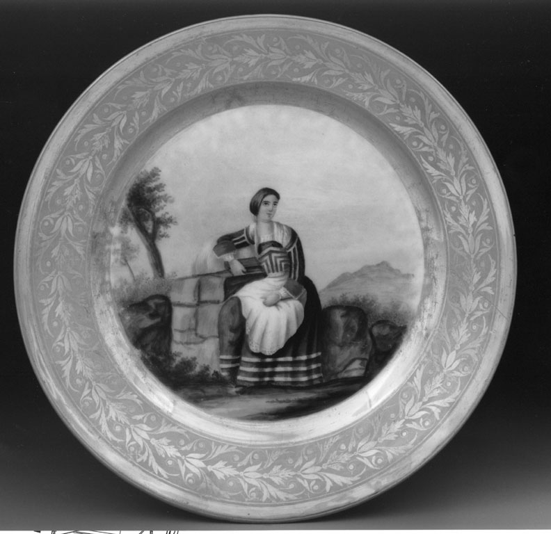 donna col costume aquilano (piatto) di Nardone Francesco - manifattura napoletana (secondo quarto sec. XIX)