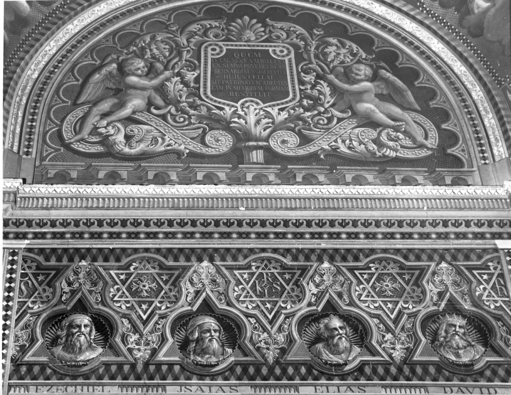 motivi decorativi a girali d'acanto con putti alati e fascia con i profeti Ezechiele, Isaia, Elia e David entro losanghe (dipinto) - ambito romano (sec. XIX)