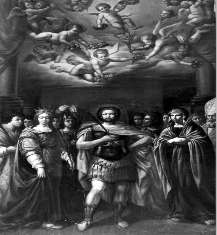Sant'Adriano e i SS. Martiri Nereo, Achilleo, Domitilla, Papia, Simone, Giustina (dipinto) di Torelli Cesare (sec. XVI)