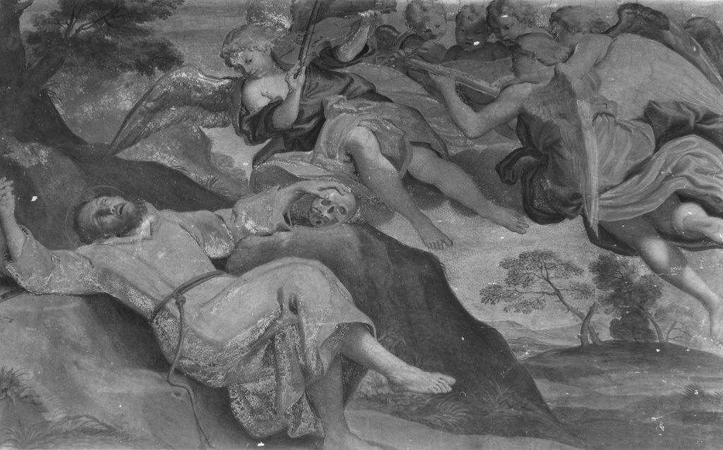 San Francesco sorretto dagli angeli dopo la stimmatizzazione (dipinto) di Alberti Antonio (sec. XVII)