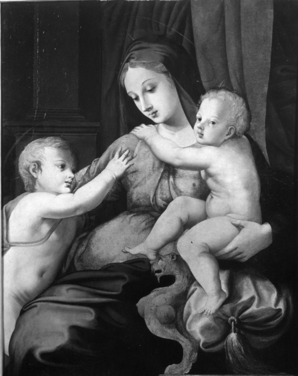Madonna con Bambino e San Giovannino (dipinto) di Grazzi Leonardo detto Leonardo da Pistoia (secondo quarto sec. XVI)