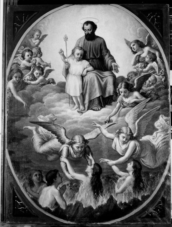 San Giuseppe mostra a Gesù Bambino gli angeli che salvano le anime dal mare di fuoco (dipinto) - ambito romano (seconda metà sec. XIX)