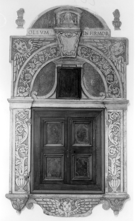 decorazione a girali fitomorfi e testine angeliche (graffito) - ambito romano (sec. XVI, sec. XVI)