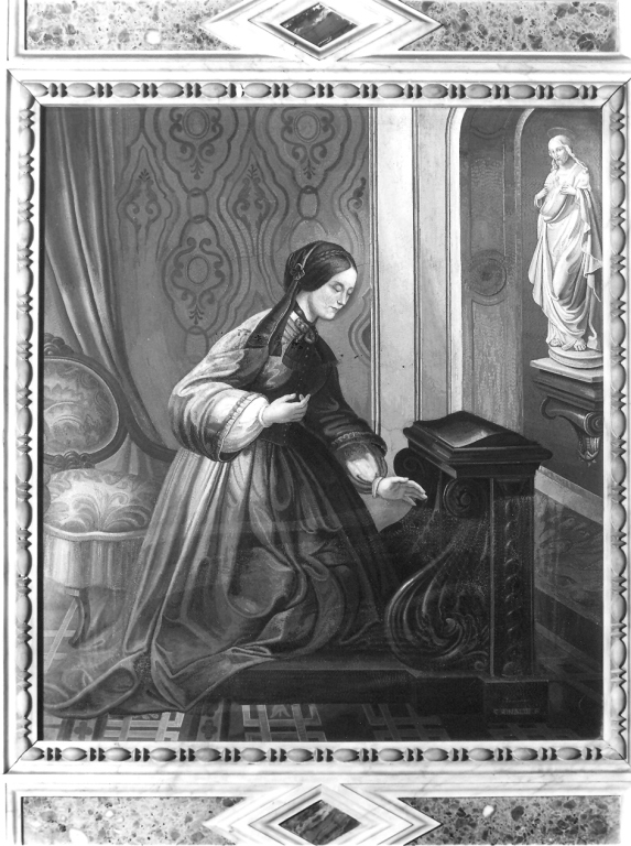 Maria Gioseppa di Nedonchel Choiseul inginocchiata di fronte a una statua di Cristo con il Sacro Cuore (dipinto) di Rinaldi Costantino (sec. XIX)