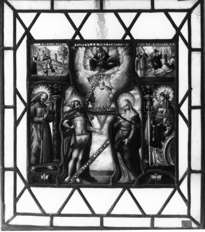 Trinità, la Madonna e i Santi Francesco d'Assisi eCaterina d'Alessandri; Episodi della vita di Sant'Alessio (vetrata) di Rohden Franz (sec. XVII)