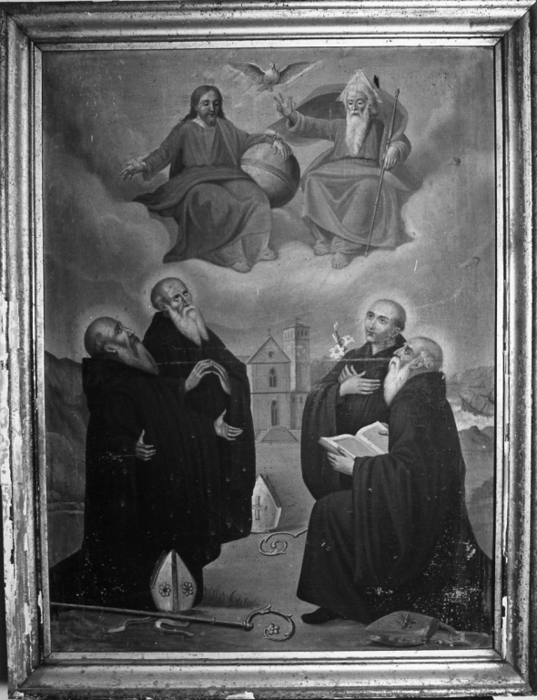 S. Luigi Gonzaga tra santi, vescovi e la Trinità (dipinto) - ambito romano (seconda metà sec. XIX)