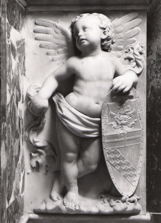 putto alato con stemma (scultura) di Romano Gian Cristofaro (cerchia) (sec. XVI, sec. XVII)