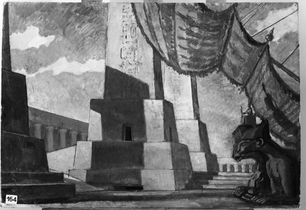 veduta architettonica con belischi e palazzi (dipinto) di Benois Nicola (sec. XX)