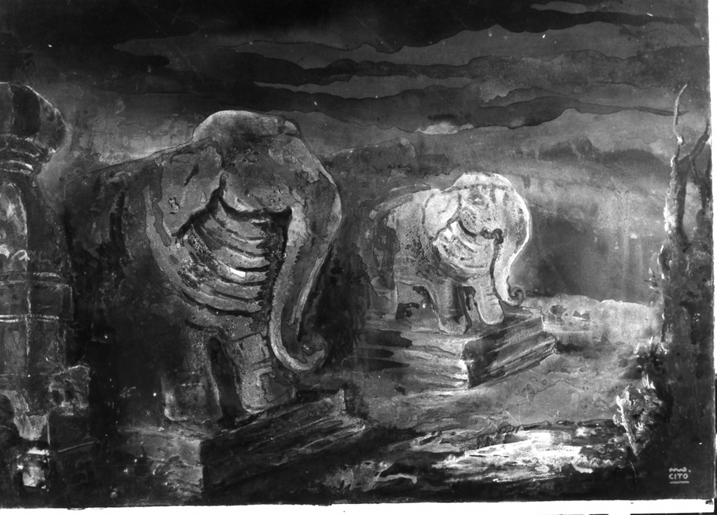 pesaggio con statue colossali di elefanti (dipinto) di Citofilomarino Mario (sec. XX)