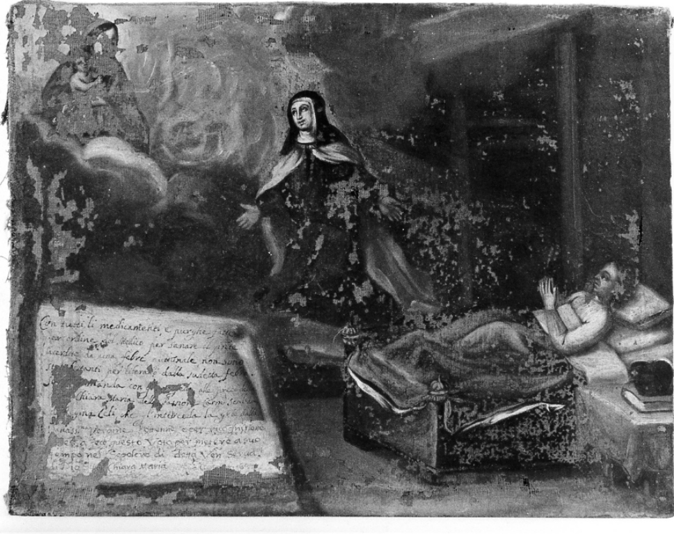 Venerabile Chiara Maria della Passione intercede presso la Madonna per la guarigione di un sacerdote ammalato (dipinto) - ambito romano (sec. XVII)