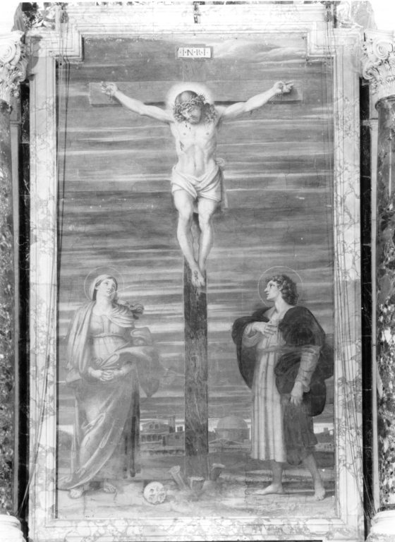 Crocifissione di Cristo con la Madonna e San Giovanni Evangelista (dipinto) di Tacconi Innocenzo (sec. XVII)